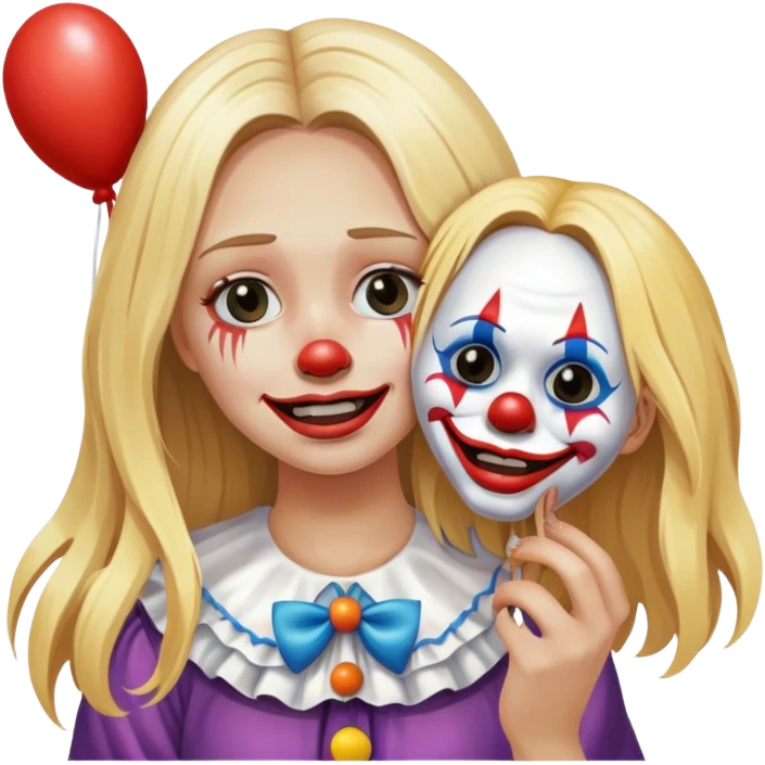 Crying blonde girl with long hair holding isolated happy clown Halloween mask beside her face  emoji