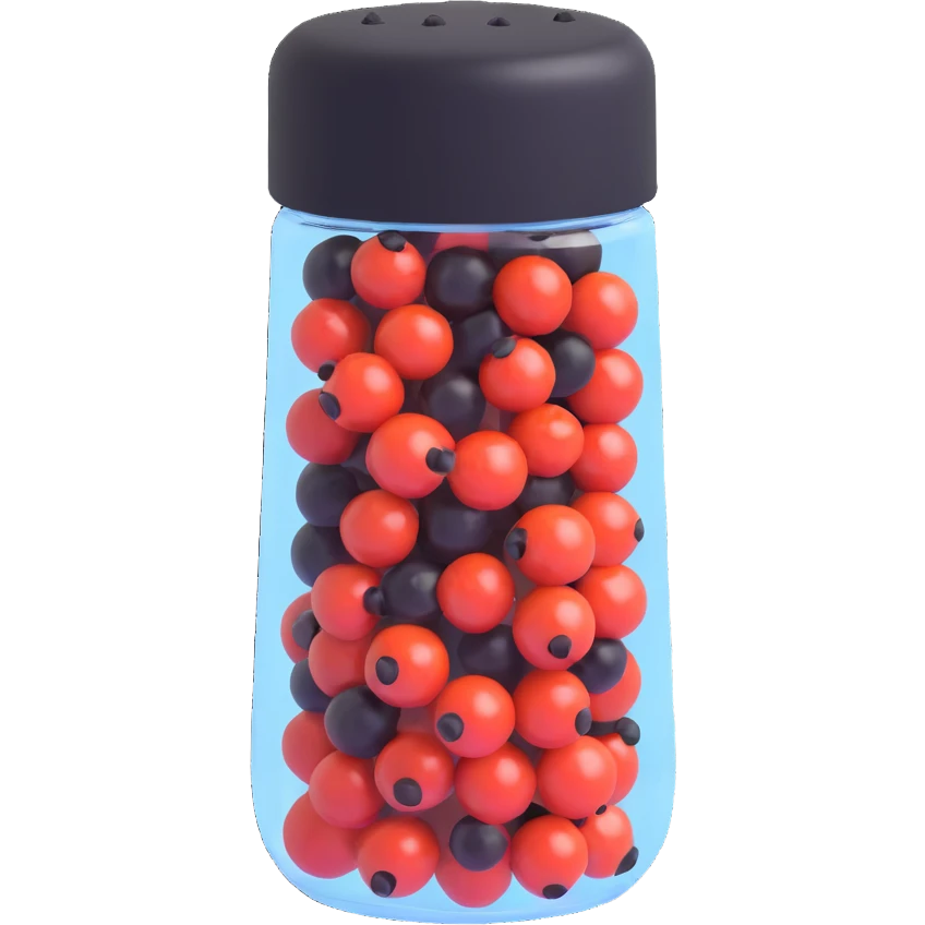 3D emoji style, transparent pepper shaker case containing only black peppercorns, no other spices, three-dimensional and realistic look, no background emoji