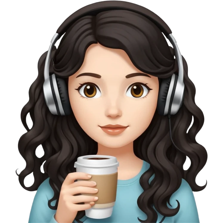 A white girl with black wavy long hair, wearing headphones on her head and holding coffee in her hand SHe has delicate facial features emoji