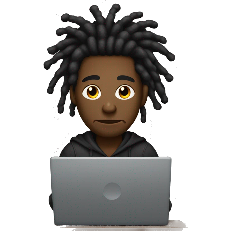 Black-guy-with-dreads-wearing-black-trackstuit-sitting-down-on-chair facing-foward-focused-on-laptop-computer- emoji