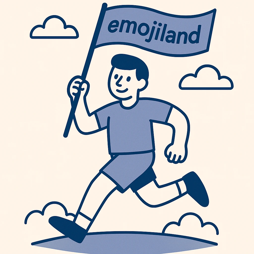 happy runner waving a flag that says 'emojiland' emoji