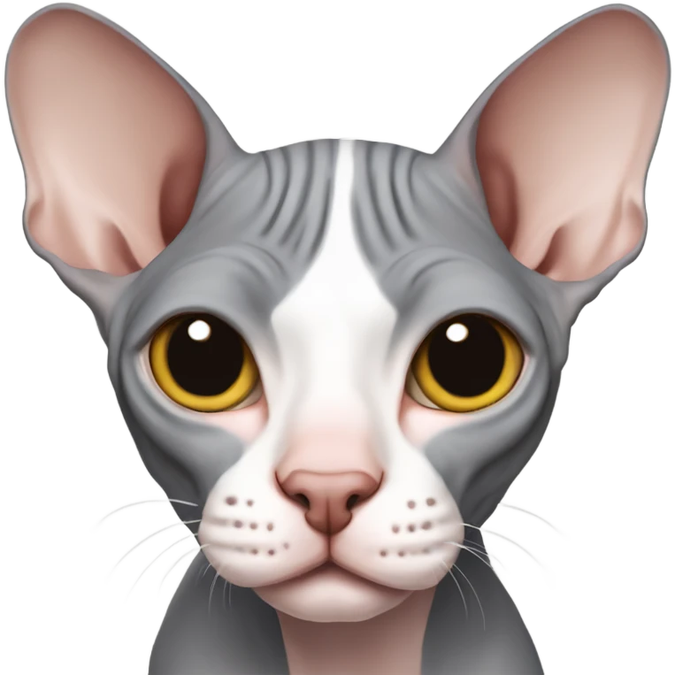 A gray Canadian sphynx with a white bridge of the nose winks emoji