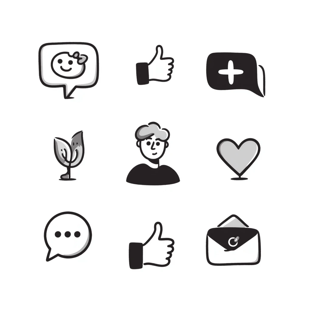 Hand-drawn social media icons and symbols emoji
