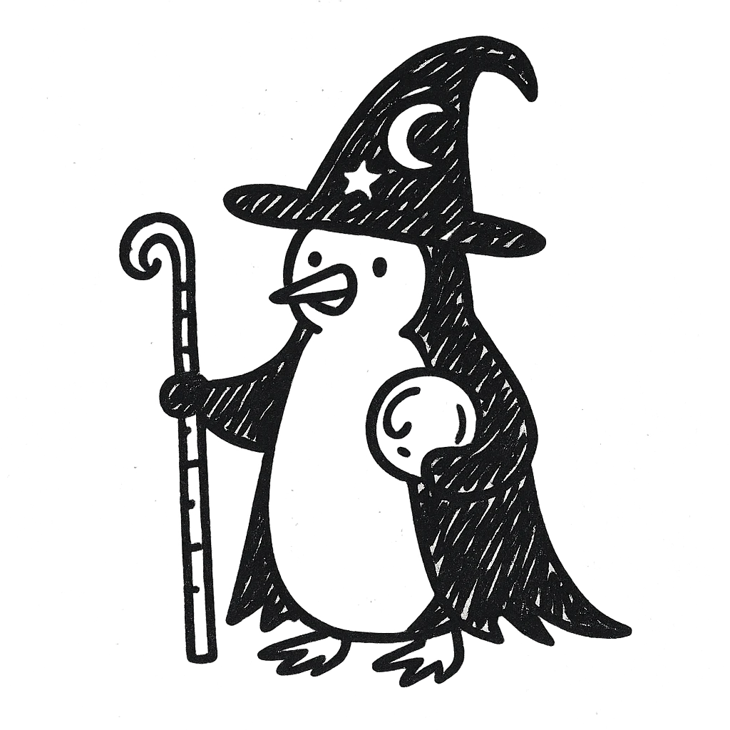 A penguin wizard with a different, unique wizard hat in the style of doodle (notion style hand drawn doodles). emoji
