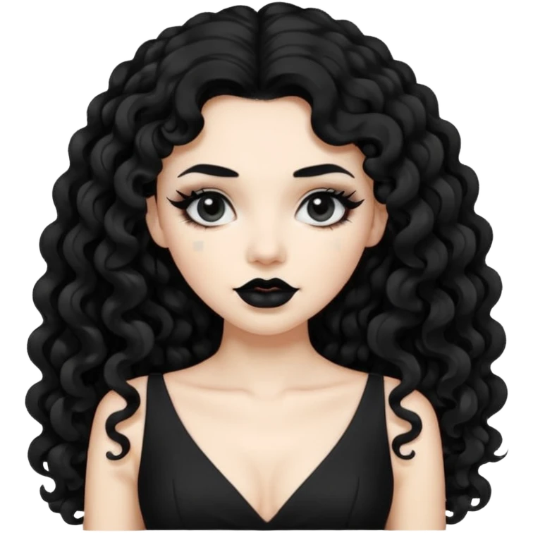 long black curly hair with white skin black dress and black lipstick emoji