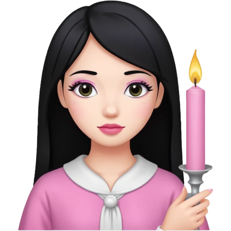 A gurl with black hair pink cloth make up holding a white candle emoji