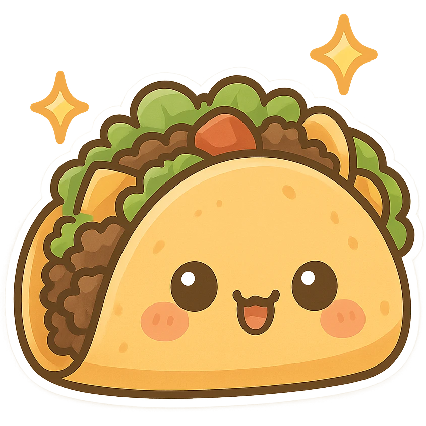Sparkling chibi sticker style tacos, cute and exaggerated emoji