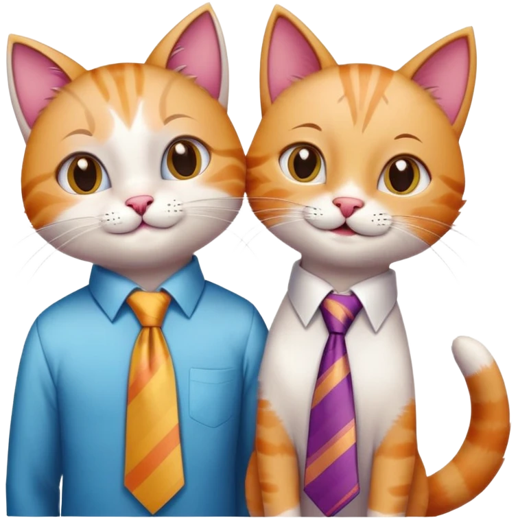 happy girl cat with eyelashes wearing a colorful necktie and happy boy cat wearing a professional necktie standing together and holding paws, both with loving expressions emoji