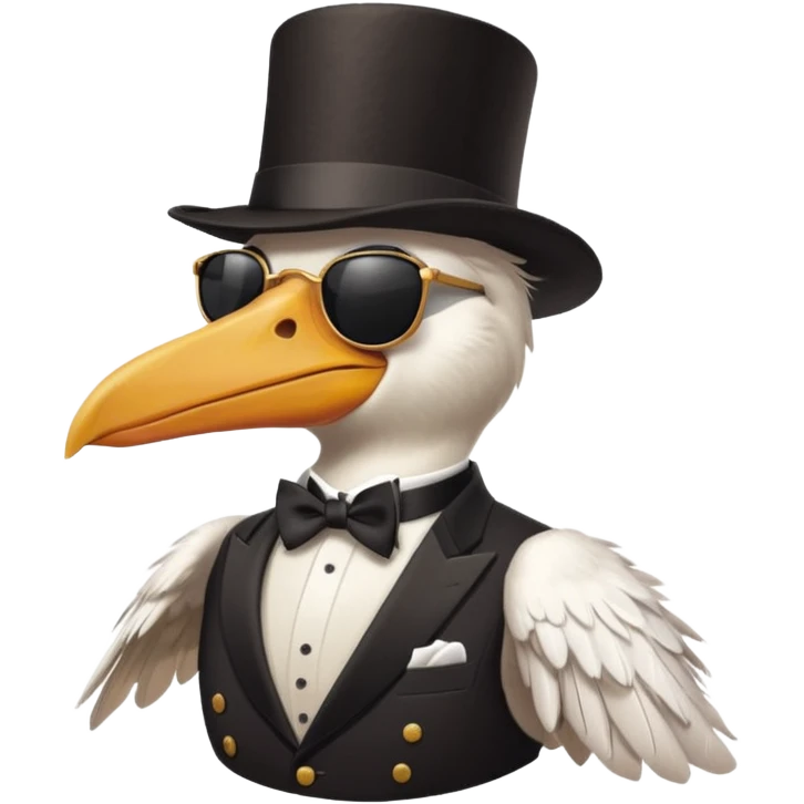 pelican with poise, wearing sunglasses and formal top hat emoji