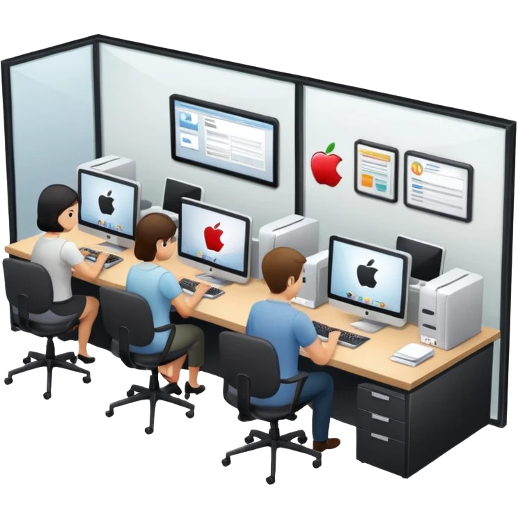 small office room with several people at desks using computers, symbolizing a small business, Apple iOS style, soft lighting, glossy finish, white background emoji