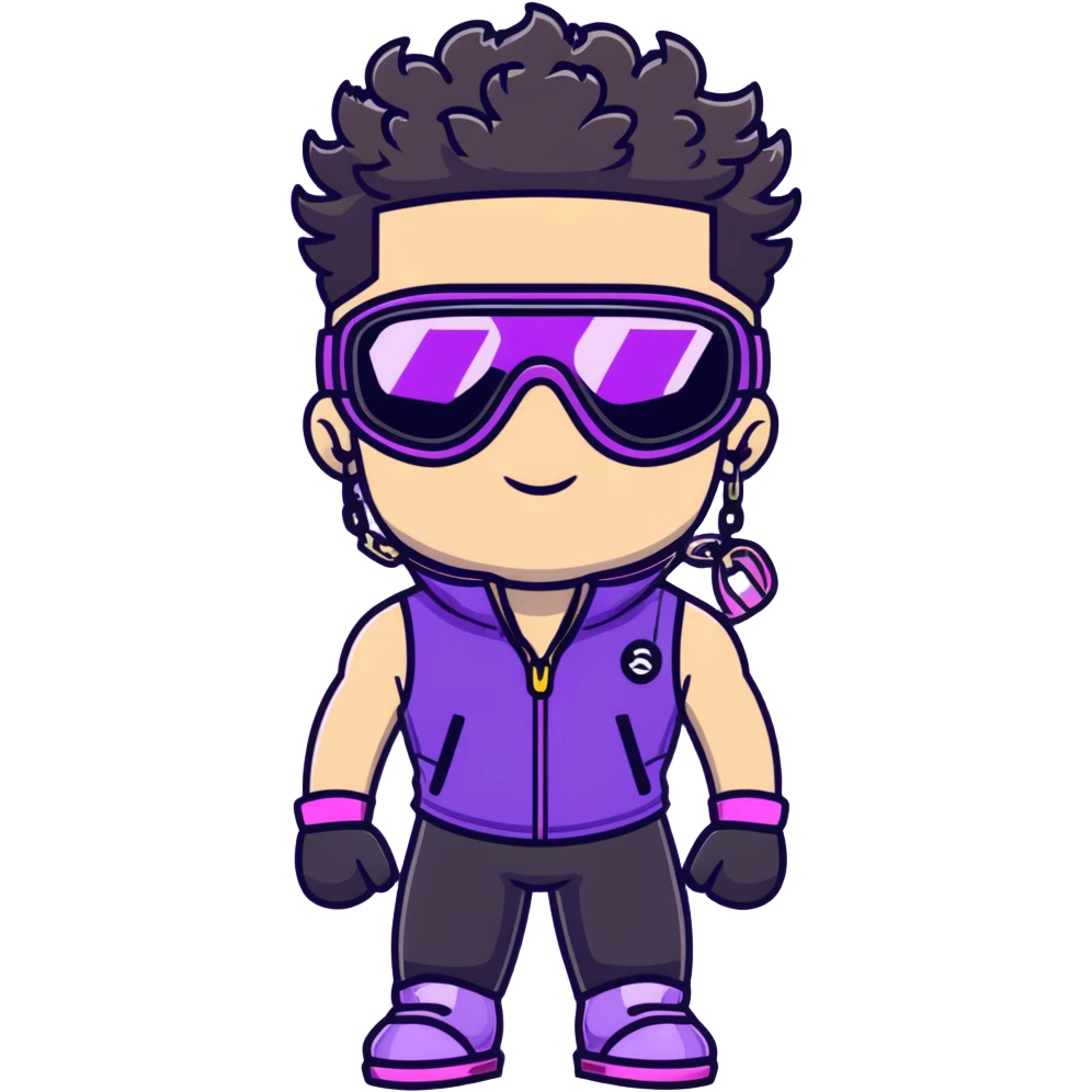 male athlete with white skin and moderately curly black hair on top with shaved sides, wearing ski goggles with purple frames and very dark black lenses, a simple plain black chain necklace, and a completely unzipped sleeveless vest with purple and black sequin fire pattern design, fully revealing his chest, shoulders and arms, no earrings emoji