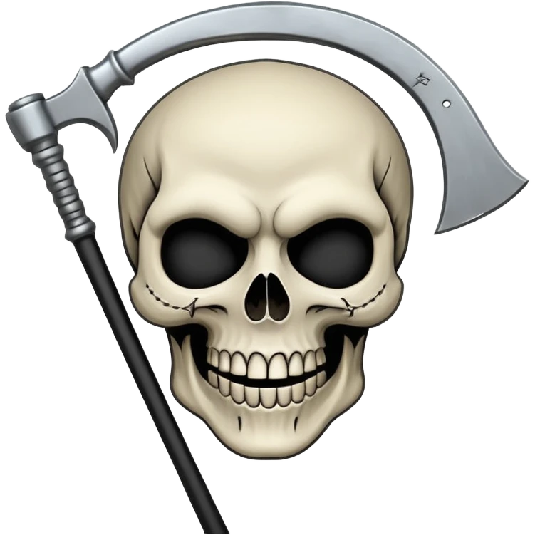 A laughing skull with a scythe crossed behind it, one eye socket winking. Clean, stylized lines, flat vector. Medieval woodcut style. Black and white with one accent color (tarnished silver). No background. emoji