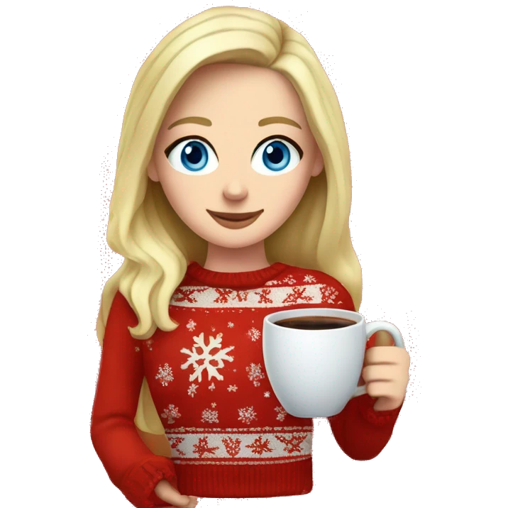 White girl blonde girl with blue eyes wearing a red Christmas sweater holding cup of coffee emoji