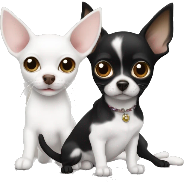 A white cat with a black spot on its nose next to a Black Chihuahua with white lightning strike marking in chest next to a smaller brown tab and white Chihuahua pup emoji