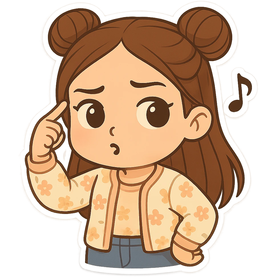 Create a chibi sticker of the same girl, twirling her finger at her temple and whistling as if saying 'what a fool'. She has brown straight hair in double buns, brown eyes, wearing a pastel floral cardigan and jeans. The sticker should have a white outline and transparent background, 512x512px. emoji