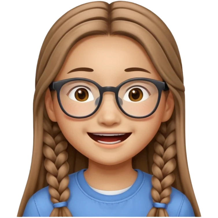 Asian girl, 14 years old, long light brown braids, square glasses, smiling loudly emoji