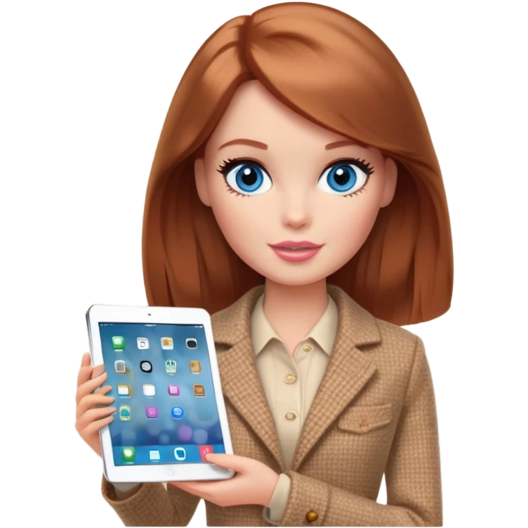 A Barbie girl with blue eyes, shoulder-length reddish-brown hair, made-up, wearing a beige tweed jacket and a beige skirt,  with a iPad emoji