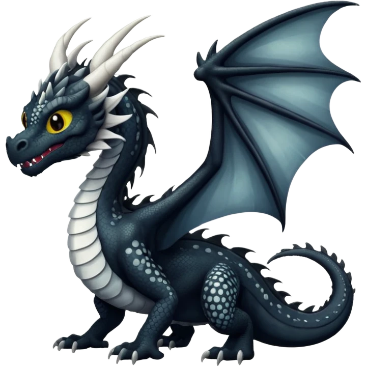 A dragon that is  black 🖤 with white spots. HUGE wings and a tail. Also realistic  emoji