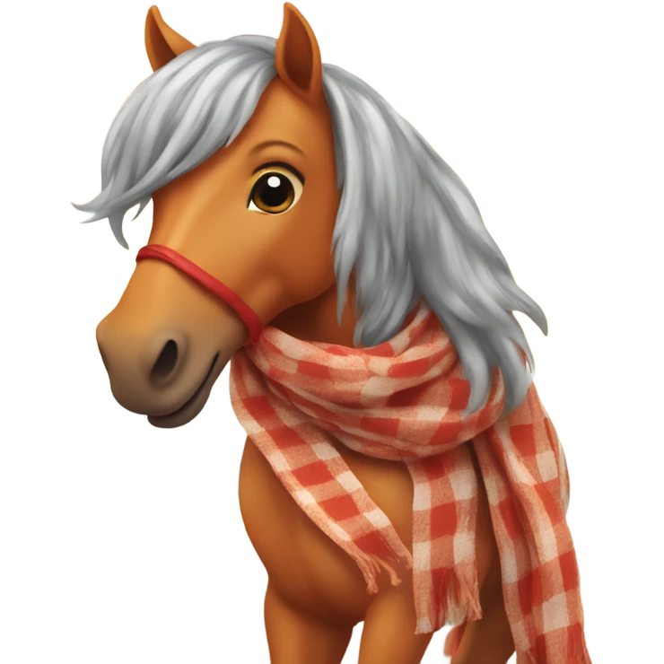 Orange horse with red scarf and checkered coat by the sea smiling  emoji