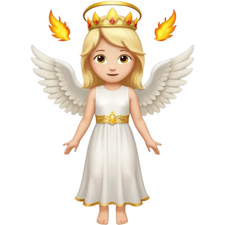 Full-body emoji-style angel: blonde hair, golden flame crown, halo, large wings, white dress, full body visible from head to feet, cute smooth emoji look. emoji