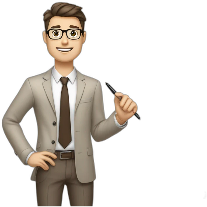 Pale skinned fit man with dark brown hair in gray jacket, beige office shirt, brown tie, brown pants and vintage glasses Writing text on the flipchart emoji