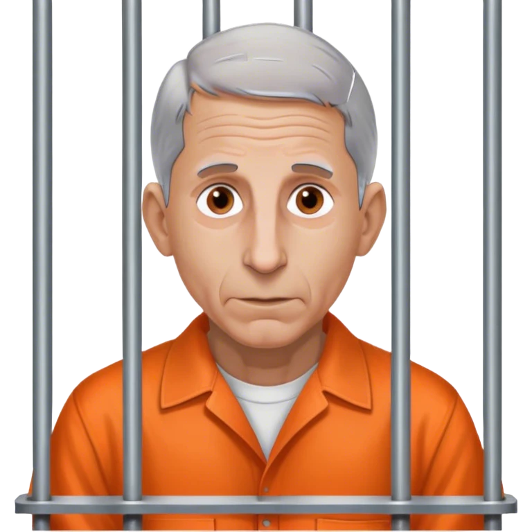 Make a picture of Anthony Fauci wearing an orange jumpsuit and behind bars make her look worried but only about herself emoji