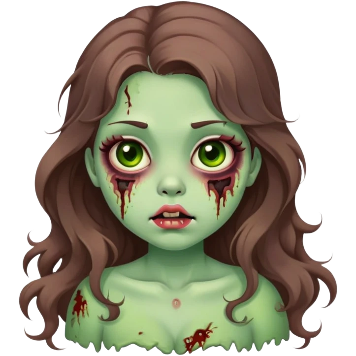 Zombie girl, long wavy brown hair, big doe brown eyes, cute chubby cheeks and lips, coquette / kawaii style, green zombie skin, bruises emoji