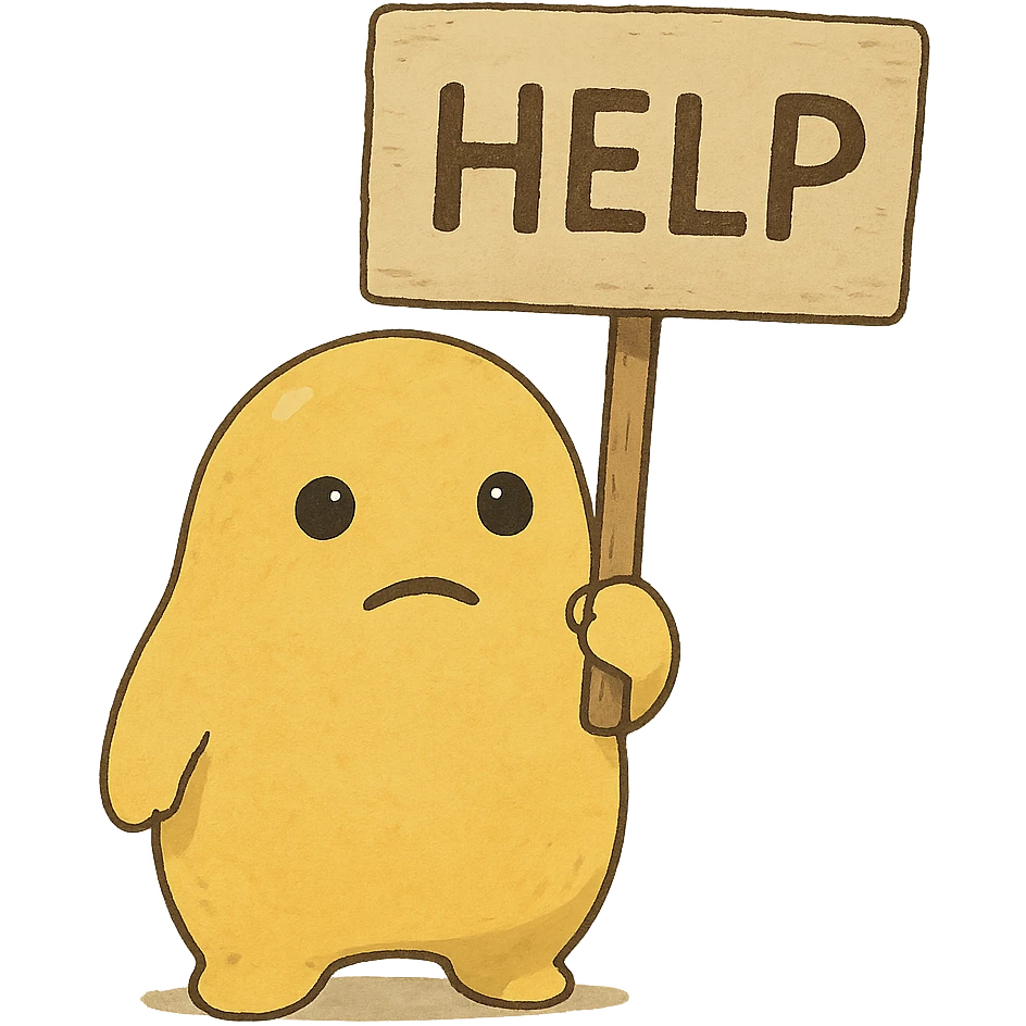 ghibli style little yellow blob guy holding a sign that says 'help' emoji