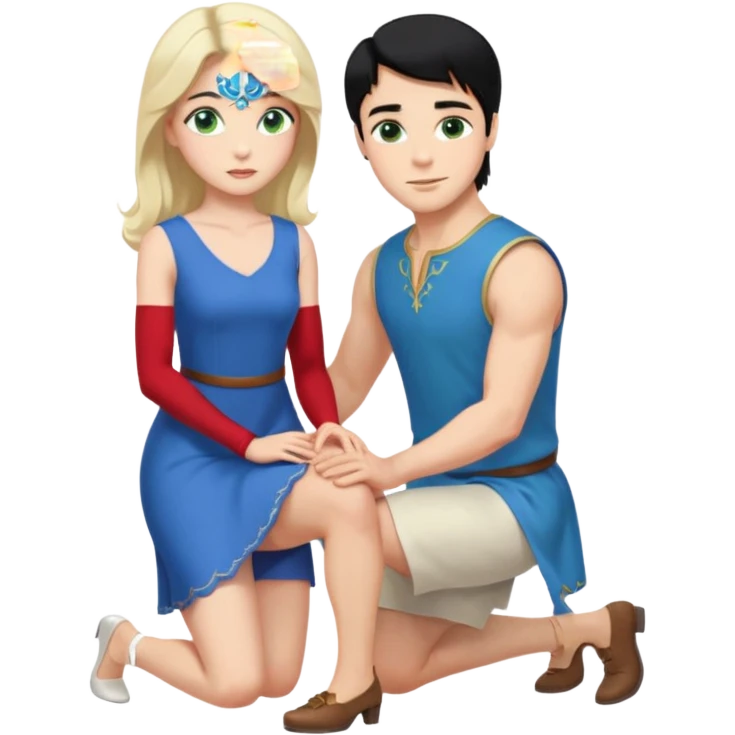 prince, upright, black Hair, blue eyes, garment,  woman, bending knee, white sleveless dress, blonde hair, green eyes, emoji