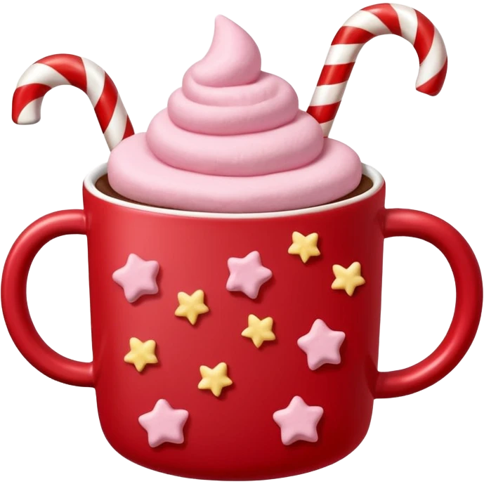 hot chocolate with pastel pink marshmallows in red christmas mug with stars and candy cane, trendy aesthetic emoji