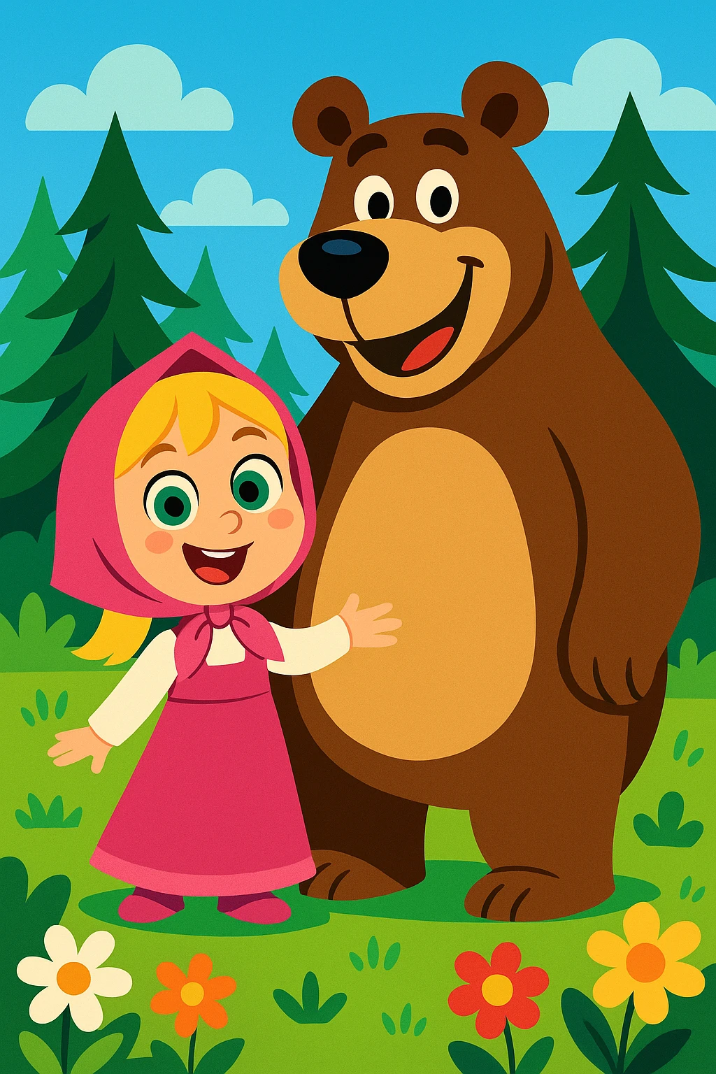 cheerful little girl with big green eyes and blonde hair, wearing a pink dress and headscarf, standing next to a large friendly brown bear, both smiling in a vibrant cartoon forest with tall pines and flowers, bright and clean background emoji
