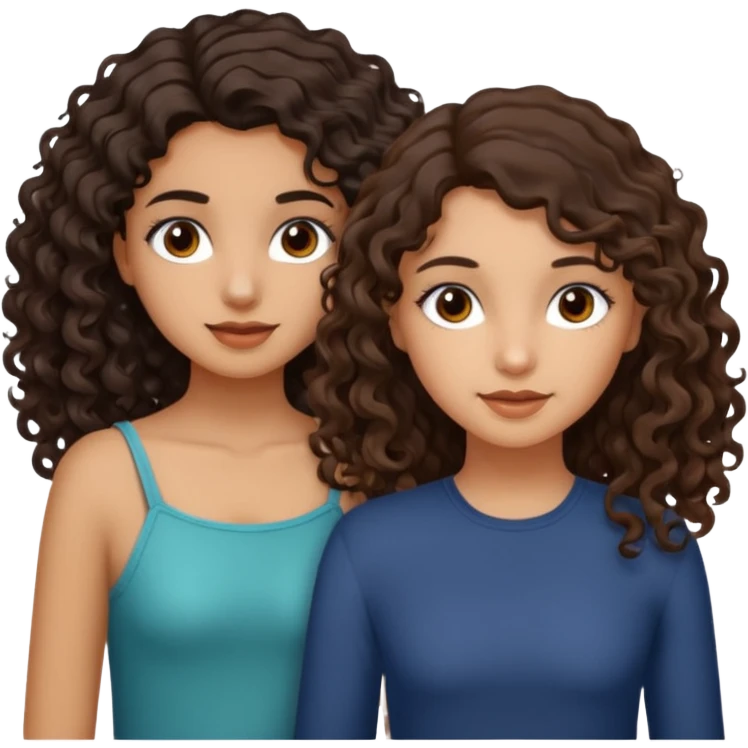 Two girls. One with shoulder length curly hair (dark brown hair and dark brown eyes, white skin) and the other with dark wavy hair below the shoulders and brown eyes. emoji