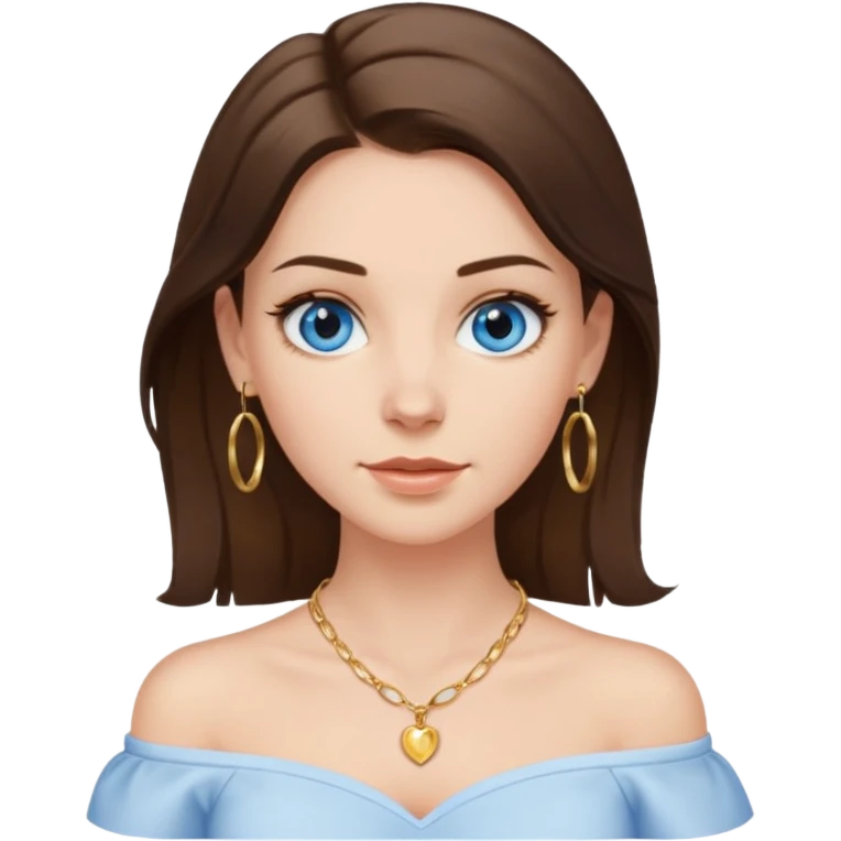 A pretty white girl with brunette hair blue eyes  thin gold hoop earrings and a matching gold necklace in a white shirt that cuts off the shoulders emoji