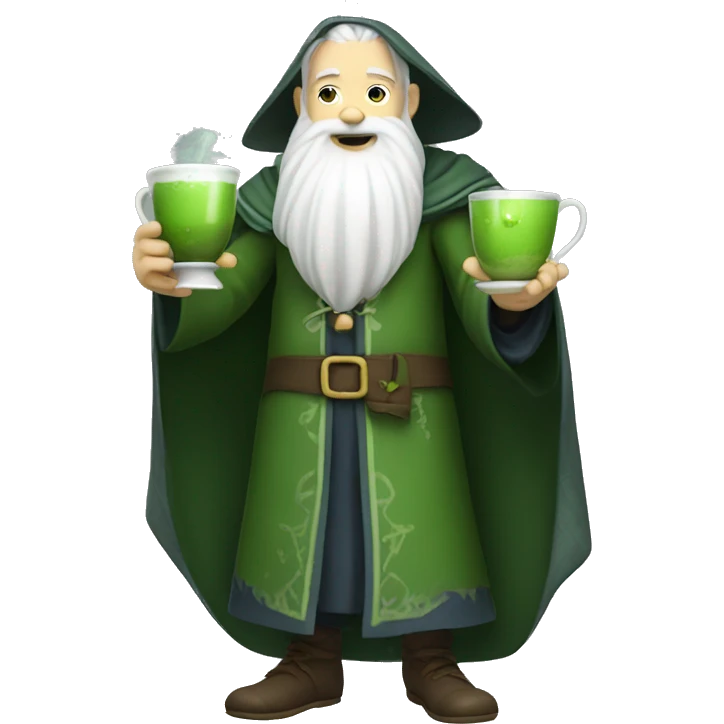 a wizard with a white beard drinking matcha tea. His full body is shown emoji