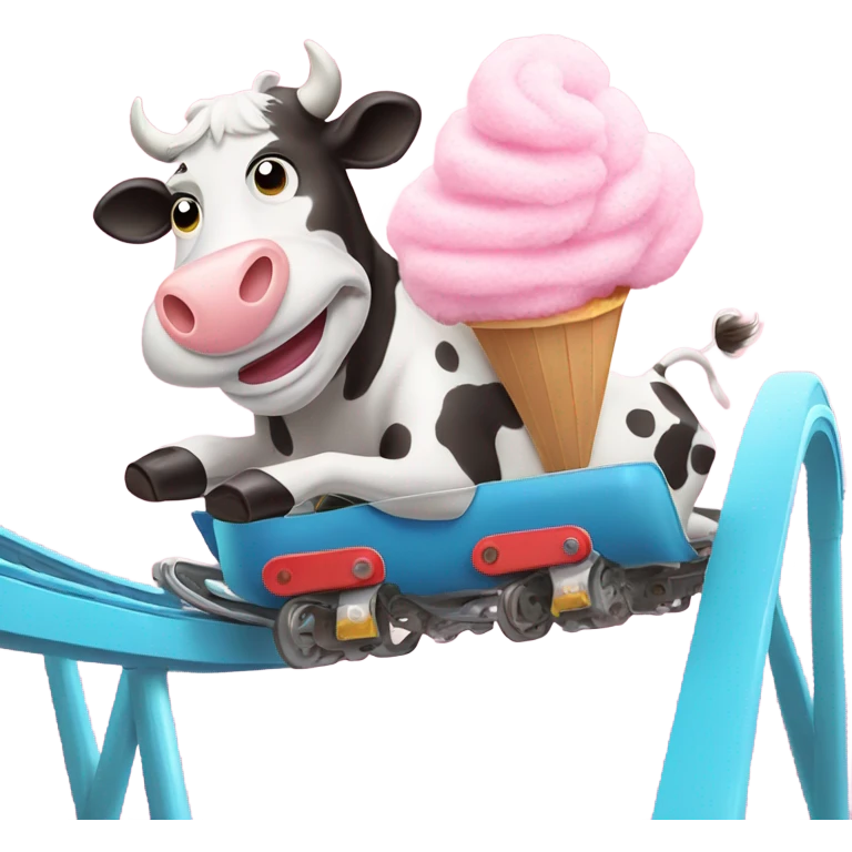 A cow on a roller coaster, holding a giant piece of cotton candy  emoji