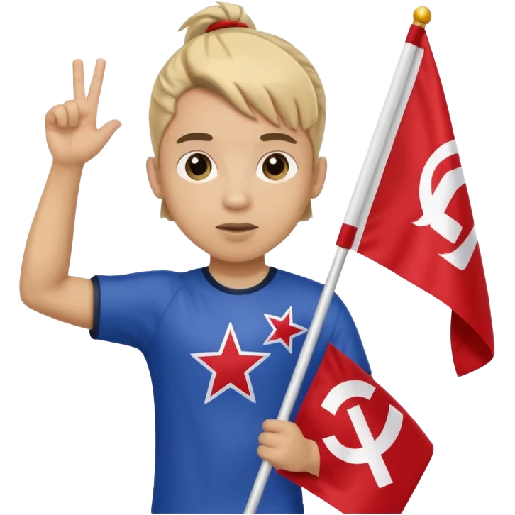 A pony tail hair boy holding a big team flag, waving it proudly with a determined expression. emoji