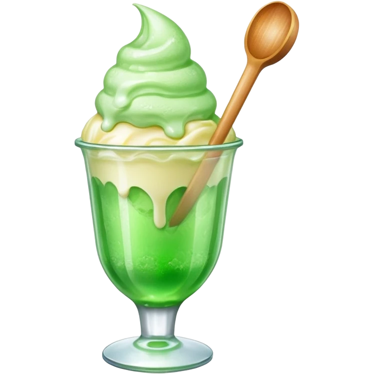 Create an emoji with a clear rounded glass, bright transparent green soda, vanilla ice cream scoop emoji