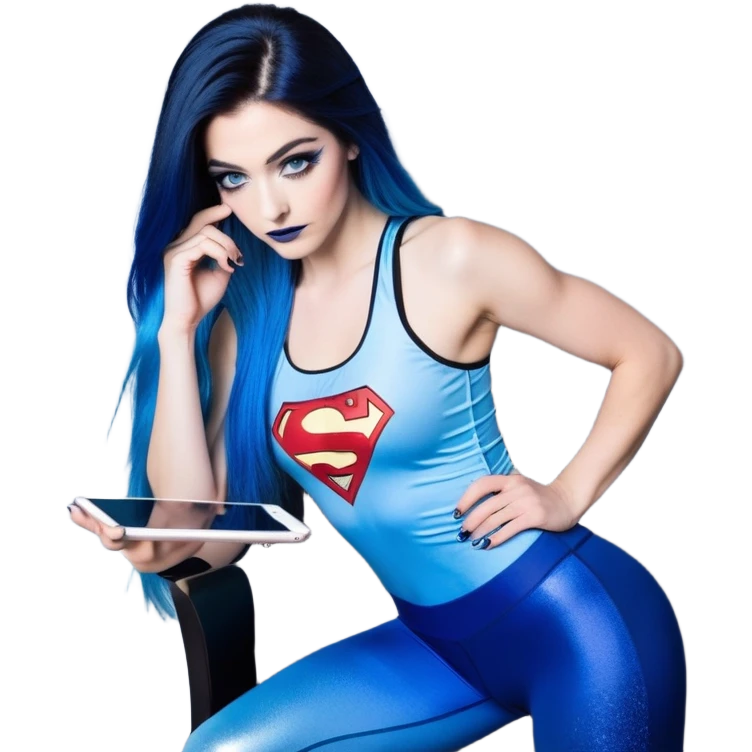 Shameful-head tilted-texting on phone-very very very large upper body-sexy face-bending forward at waist-very long very straight dark blue to light blue ombre hair-and-blue eyes-thick black eyeliner-thick long eyelashes-iridescent blue lowcut tanktop with black leggings with glitter superman logo emoji