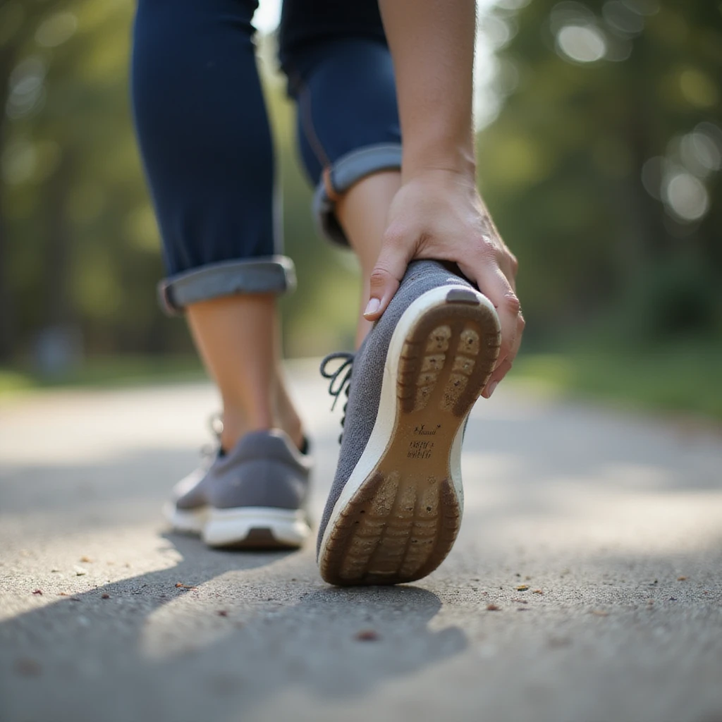 realistic 4K woman in casual clothing walking outdoors, stopping to massage foot with visible insole in shoe, showing discomfort emoji