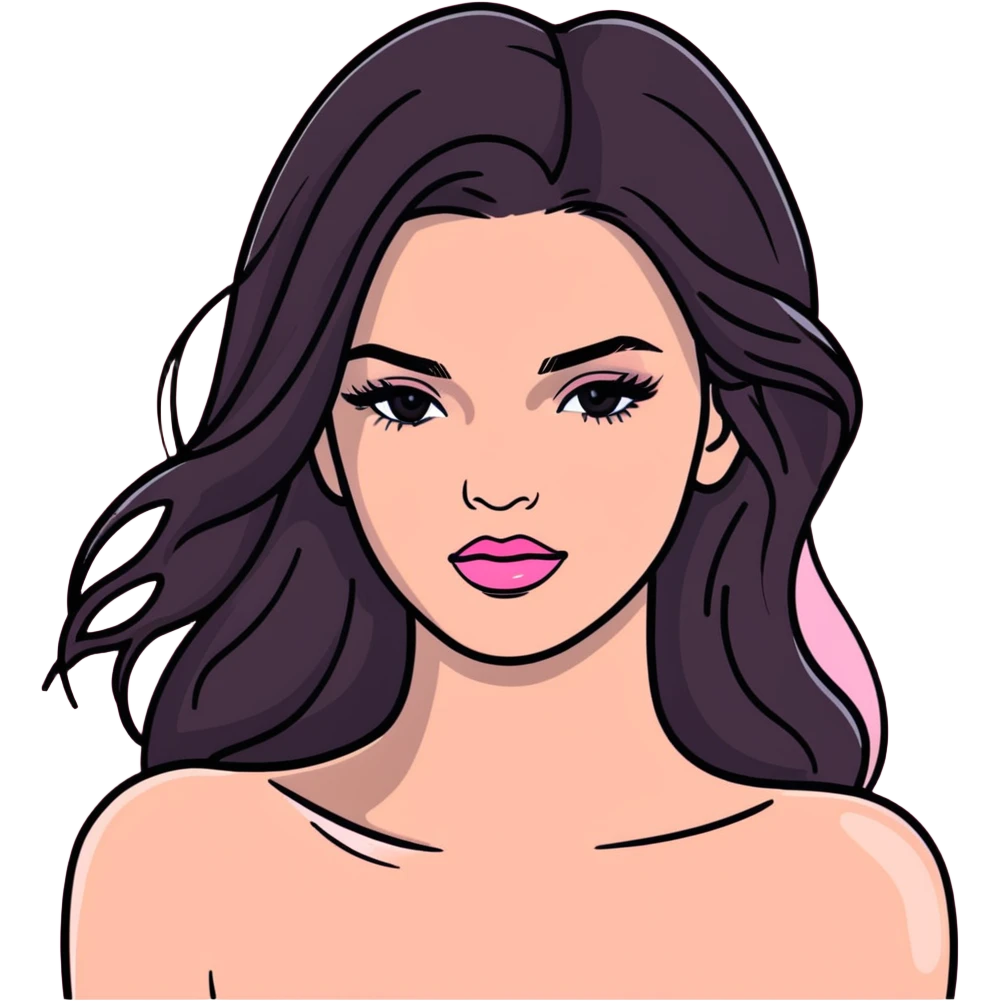 Kendall Jenner, elongated face, long flowing hair, pink glossy lipgloss, pink blush on cheeks, bare shoulders and upper body emoji