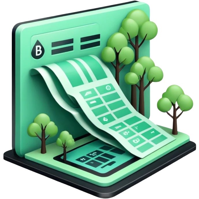 Environnement (Environment), 3D technical icon with black and mint green (#B5F4D3), environmental impact assessment document with regulatory compliance indicators and sustainability metrics emoji