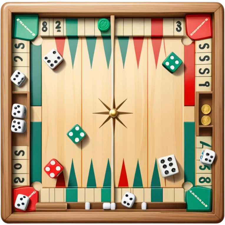 A photorealistic icon featuring a backgammon board with dice, a Monopoly board with money and property cards and a Game of Life spinner. The design captures the detailed textures of the boards, pieces, and accessories. Transparent background. emoji