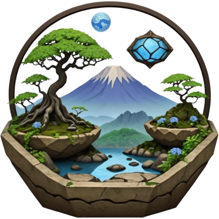 Alien saucer jungle-vines mountain-island landscape antique mudman very old broken cracked intricate Stone Age rocky-crusted irregular dodecagon-shaped shallow dark moss rough bark blue serissa flowered maple tree bonsai pot emoji