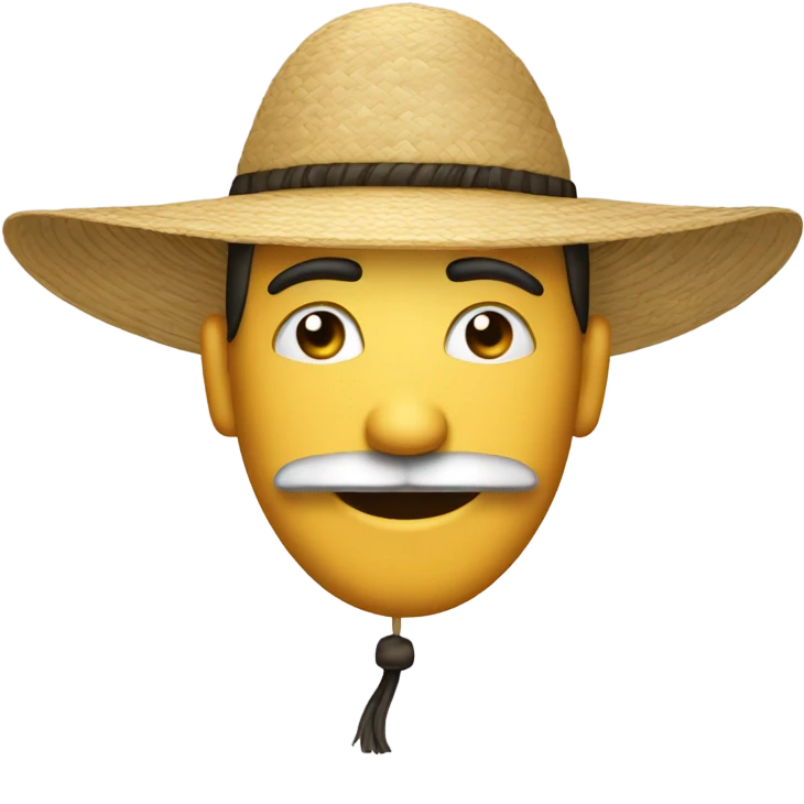 A generic emoji face with horizontal lines for eyes and a droopy horseshoe mustache, slightly smiling, wearing a traditional oriental rice hat emoji