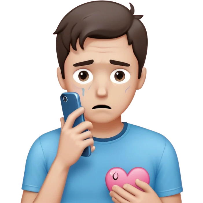 anxious man with wide worried eyes and slightly frowning mouth overthinking with sweat drops, a cracked heart symbol nearby, holding a phone in hand, body posture tense and reaching forward showing fear of abandonment, minimal soft rounded design with gentle blue and pink colors emoji