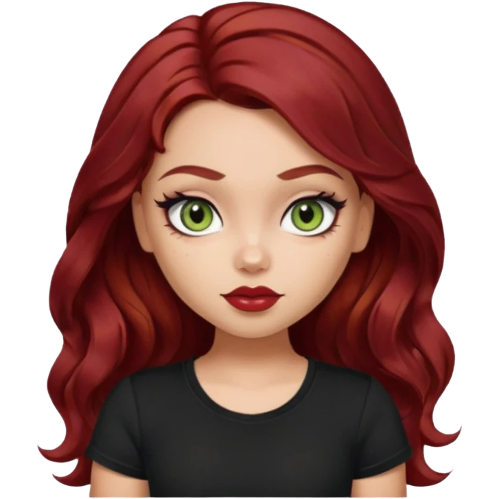 a pretty fair bratz girl with wavy dark red hair, wearing a black tee. eyeliner on, olive green eyes. Waist up emoji