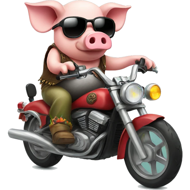 Hippie Pig riding a motorcycle with sunglasses on emoji