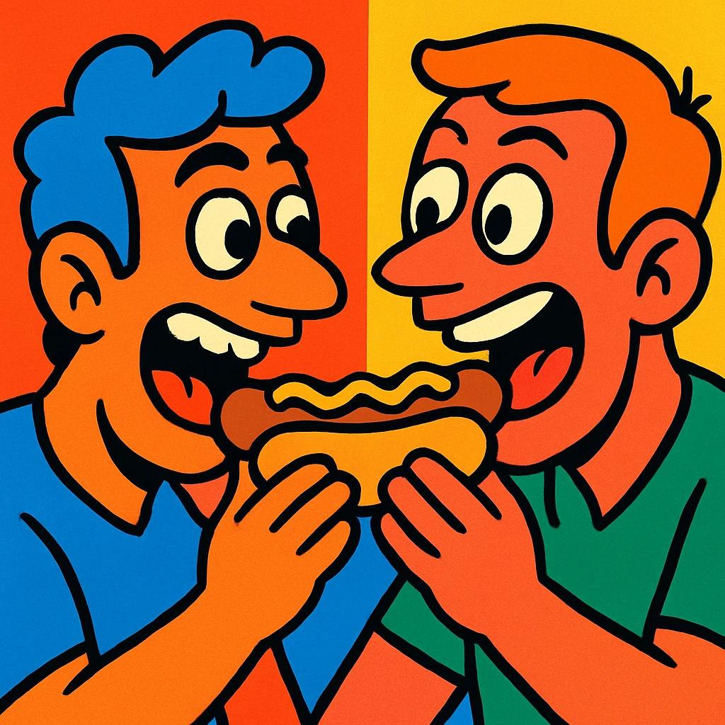 two men eating a hot dog face to face, vibrant and expressive emoji