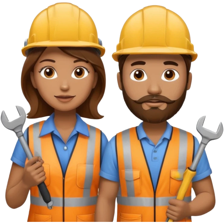 me haces una mujer pelo marron y un hombre con barba , que ambos esten vestidos como constructores de obra  emoji