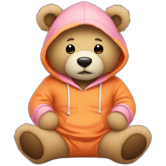 A cute light-beige teddy bear wearing an orange hoodie. His eyes are black. He's sitting on his buttocks. He has a pink sock. emoji